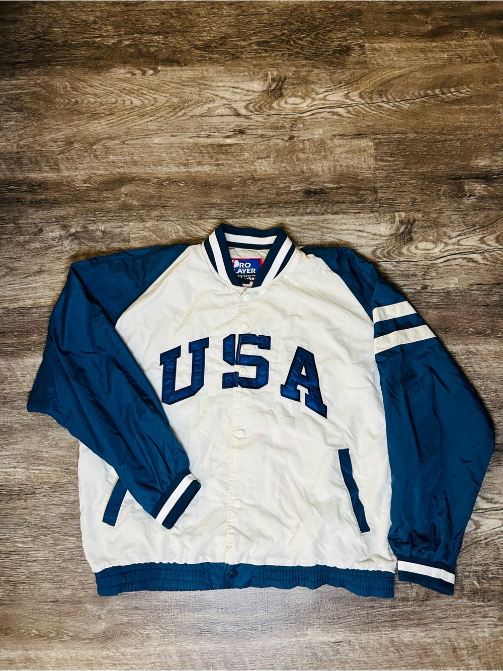 Pro Player White and Blue USA Bomber Jacket